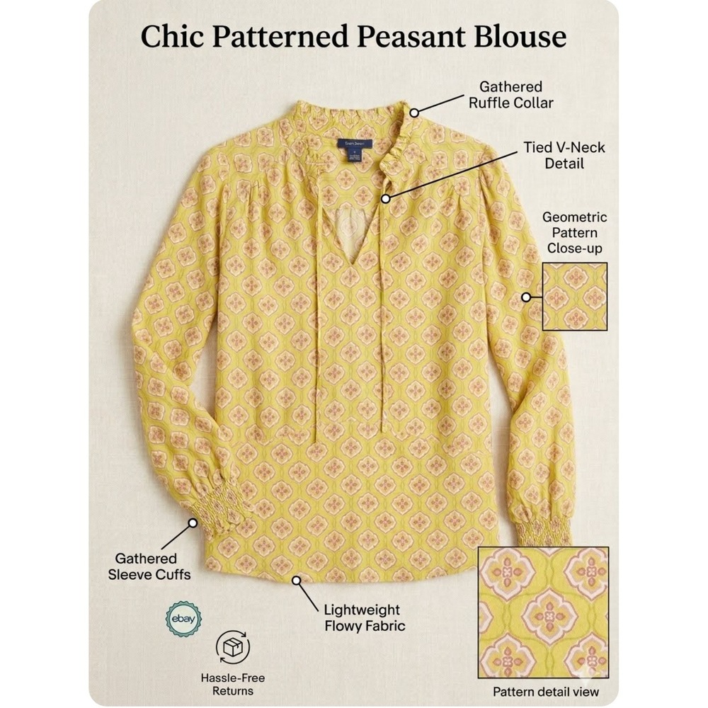 Rachel Rachel Roy Yellow Geometric Peasant Blouse Ruffle V-Neck Top Large